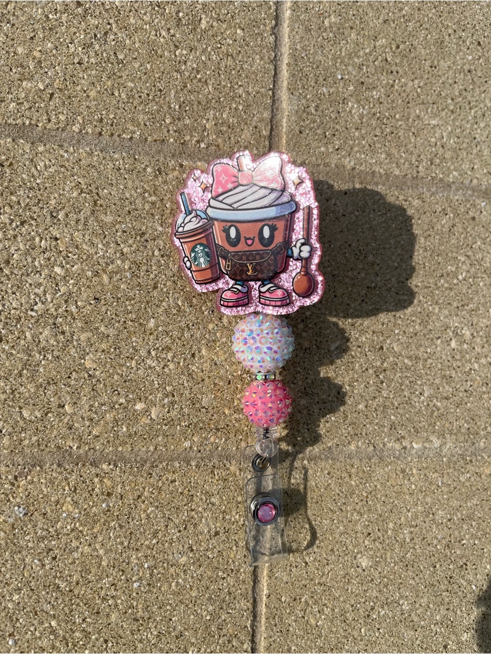 Hand Crafted Inspired Pink Character Cup Badge Reel with Sparkle Beads